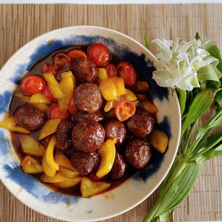 sweet and sour beef meatballs served