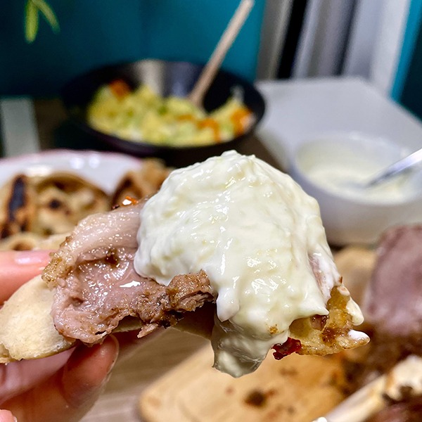 roast lamb scallion bread tzatziki served