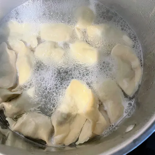 pork and fennel stalks and fronds dumplings boiling