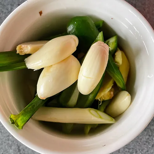 ground pot chicken mushrooms, ginger and spring onions cut