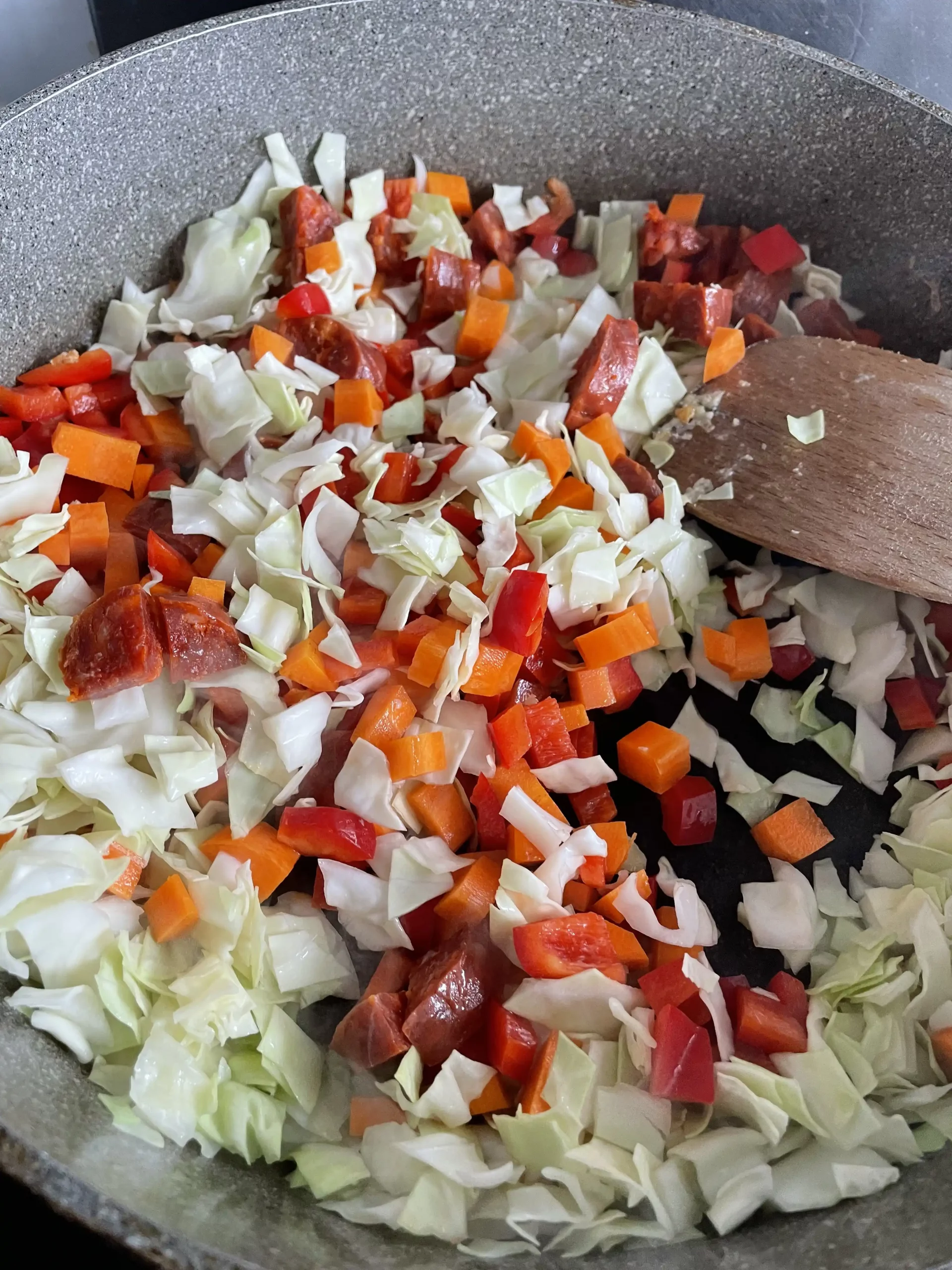 chinese egg fried rice veggies and fixings stir frying