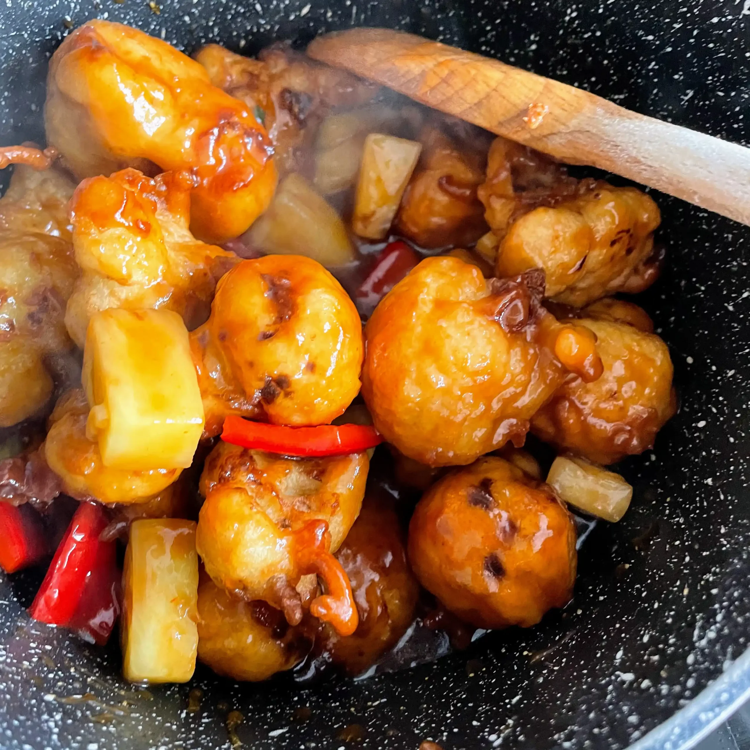 sweet & sour cauliflower balls in pan