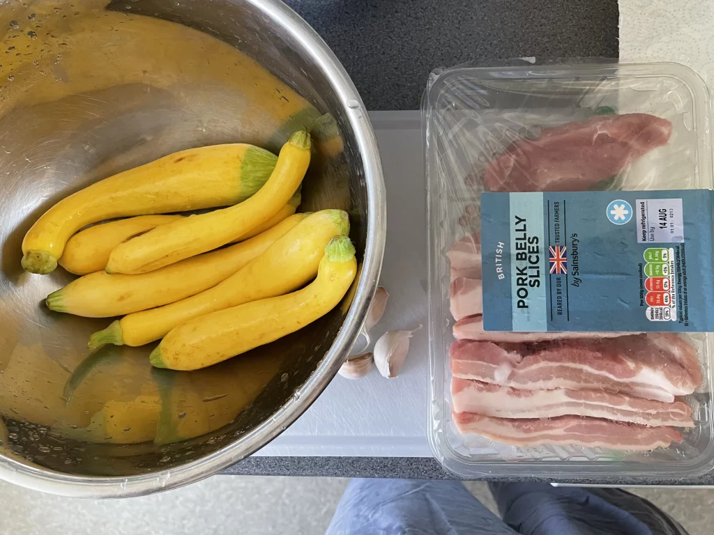 yellow courgette and pork belly stir fry ingredients