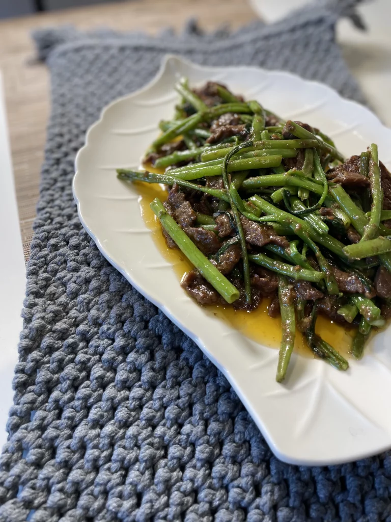 Chinese beef recipe with Shacha sauce – savory stir-fried beef with water spinach